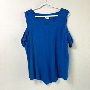 Oh My Gauze Top Size 3 XXL Blue Short Sleeve Cold Shoulder Boho Lagenlook Shirt